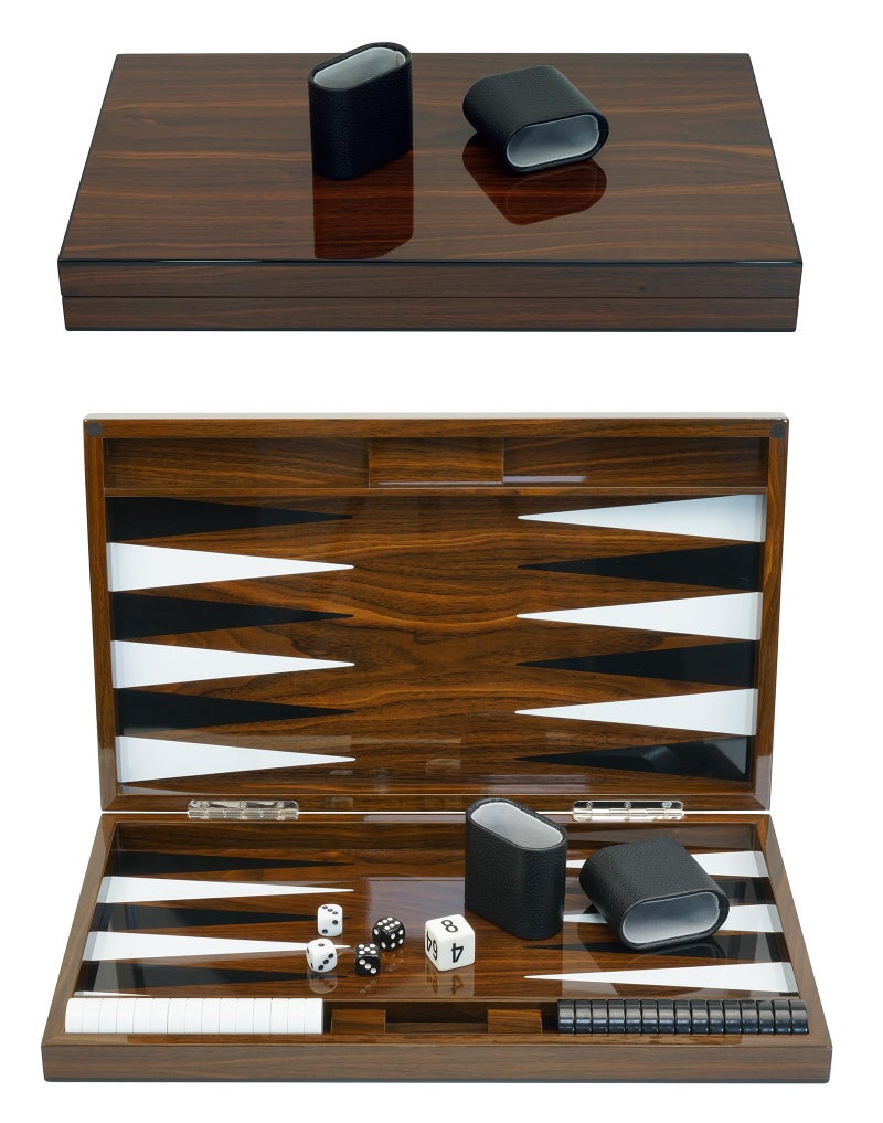 TimelyBuys Deluxe Wood 18" Lacquered Backgammon Board Game Set with Premium Leather Dice Cups and Acrylic Game Chips - Image 4